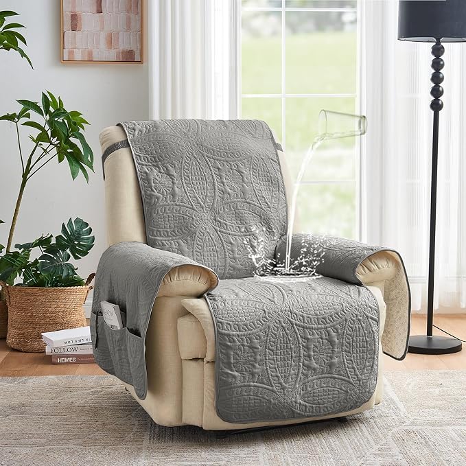 Quilted Recliner Chair Covers, Soft Lazy Boy Chair Covers, Water-Repellent Recliner Covers, Pet Friendly Chair Cover for Dogs Cats, Washable Sofa Protector (Recliner 22", Light Gray)