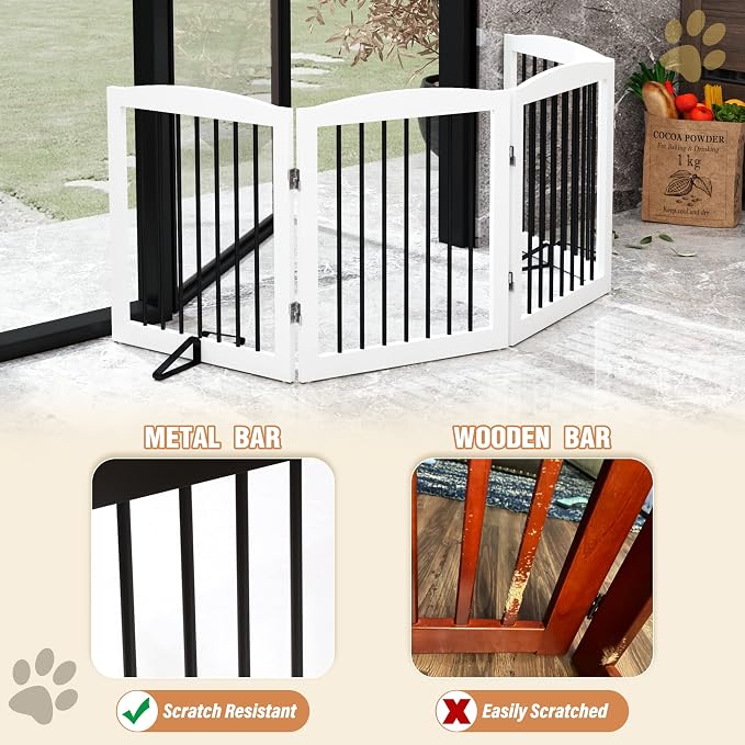 PUPETPO Freestanding Pet Gate for Dogs, Foldable Wooden Dog Gate for House, Indoor Dog Gate for Stair, Doorway, Gates for Dogs Indoor, 80 Inch Wide, 4 Panels 24",White