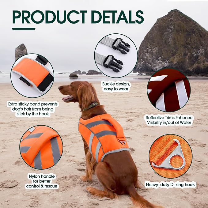 Kuoser Reflective Dog Life Jacket, Dog Life Vest for Swimming Boating | Adjustable Pet Lifejackets, High Flotation Doggie Swimsuit with Rescue Handle for Small Medium Large Dogs