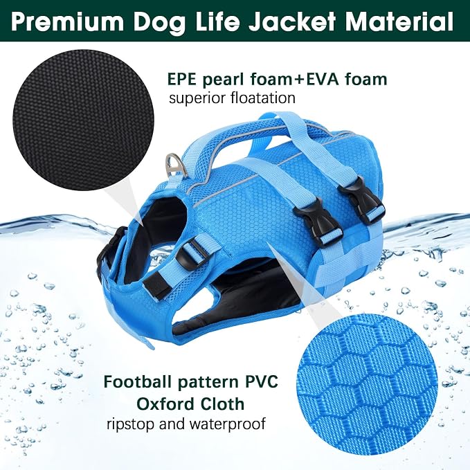 Kuoser Dog Life Jacket, High Flotation Reflective Dog Life Vest, Blue, S | Adjustable Dog Lifejackets for Small Medium Large Dogs, Lifevest with Rescue Handle for Swimming, Boating, Lake, Beach & Pool
