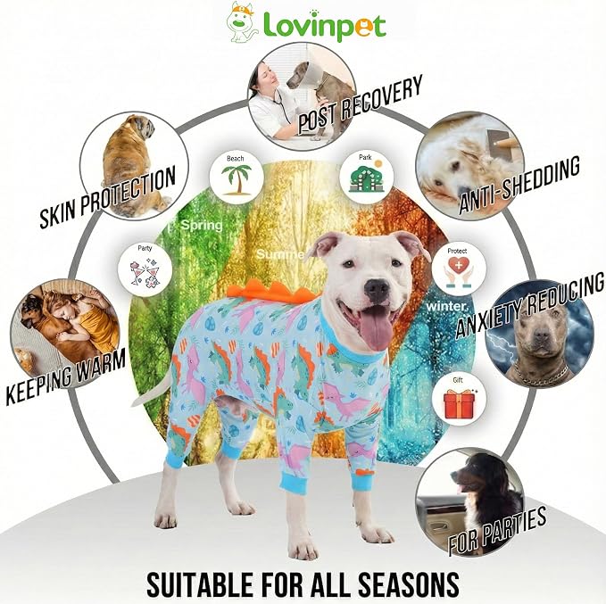 LovinPet Large Dog Pajamas, Four-Leg Stretch Onesie Bodysuit, Lightweight UV-Shielding Pajamas, Anti-Lick Calming Recovery Suit for Surgery, Pull-On for Medium and Large Breeds,Green Orange,M