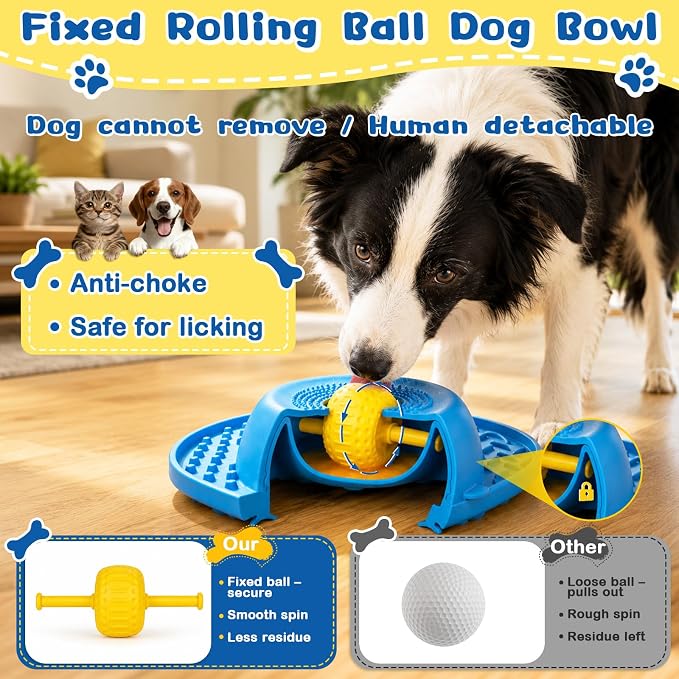 Dog Licking Bowl with Rolling Ball - 2-in-1 Anti-Slip Slow Feeder Dog Bowls w/Lick Mat for Liquid and Thick Treat, 150ml Licking Bowl for Anxiety Relief, Fits Small Medium Large Dogs & Cats Blue 2Pcs