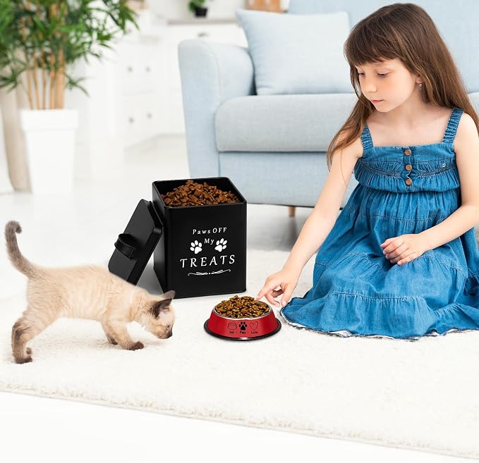 Meraki Home Farmhouse Cat Food and Treats Containers + Feed Scoop + Pet Food Bowl - Tight Lids - Large Metal Storage Bin - Great Gift for Cute Pets (Matte Black)