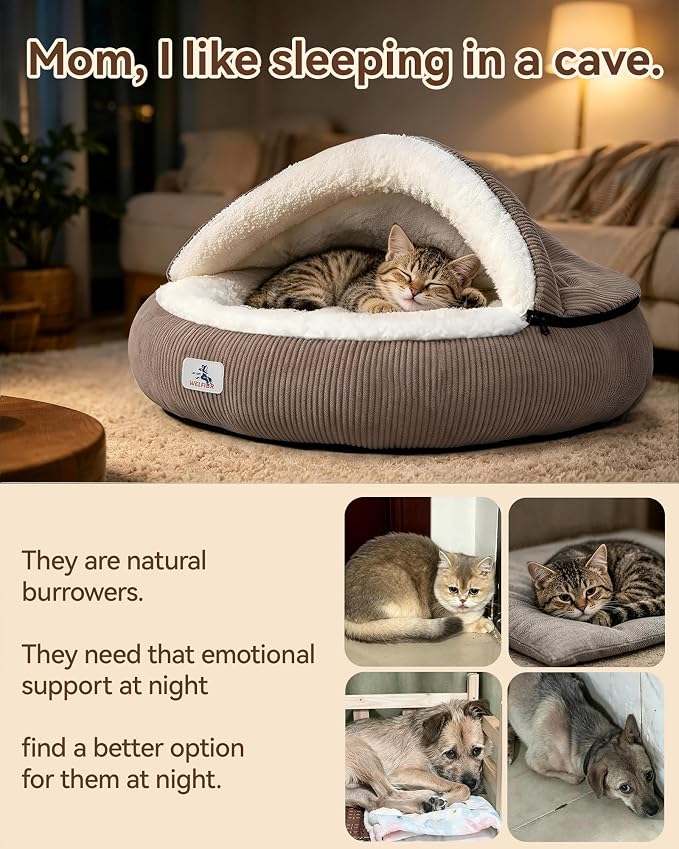 Calming Cozy Dog Cave Cover Bed, Doggy Anti Anxiety, Washable Brown | Not Collapsing, Stand Up Hooded Cover, Cozy Round Fluffy Cocoon Beds Small Medium Cat, Muddy Proof Removable, Neck Support