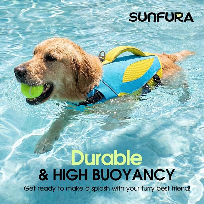 Small Dog Life Jacket, Reflective Dog Life Vest for Swimming, High Buoyancy Puppy Swimming Vest Lifesaver with Rescue Handle, Adjustable Pet Lifejacket for Pool Boating, Blue Yellow S