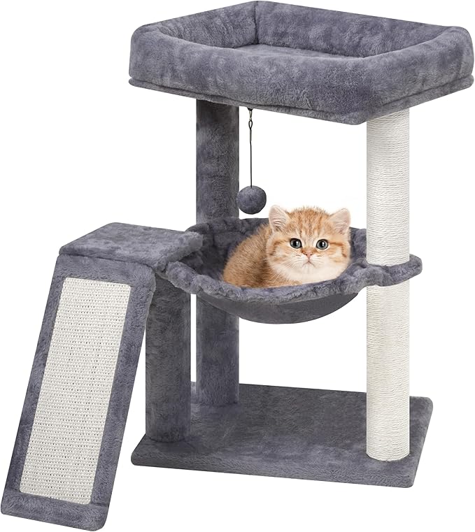 YOUPET Cat Tree with Cat Scratching Post for Indoor Cats, Cat Tower with Scratching Board and Playful Toy Balls, Cat Tree Tower with Cozy Hammock,Grey