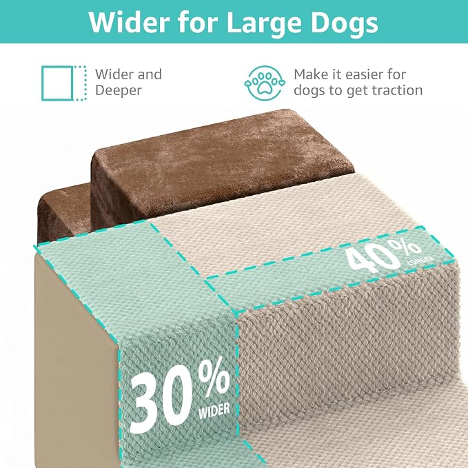 YENING Large Dog Stairs for High Beds - Extra Wide Pet Steps for Large Dogs to Get on Tall Bed 3 Deep Step Cat Ramp for Couch 2 Steps Beige
