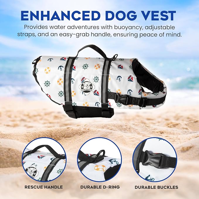 Dog Life Jacket — Premium Swim Vest with SafeChin Anti-Choke Collar | PAWS Aboard Nautical Dog | RapidLift Rescue Handle, D-Ring, Reflective Trim | Boating, Kayaking, Pool | Small (15–25 lbs)