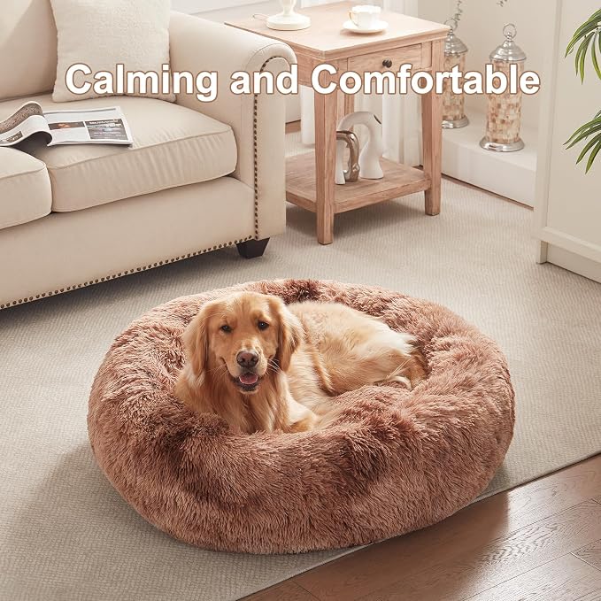 36 in Faux Fur Fluffy Donut Dog Bed for Large Dogs,Tie-dye Brown | Calming Plush Round Pet Bed with Removable & Washable Cover,Fits up to 80 lbs Pets