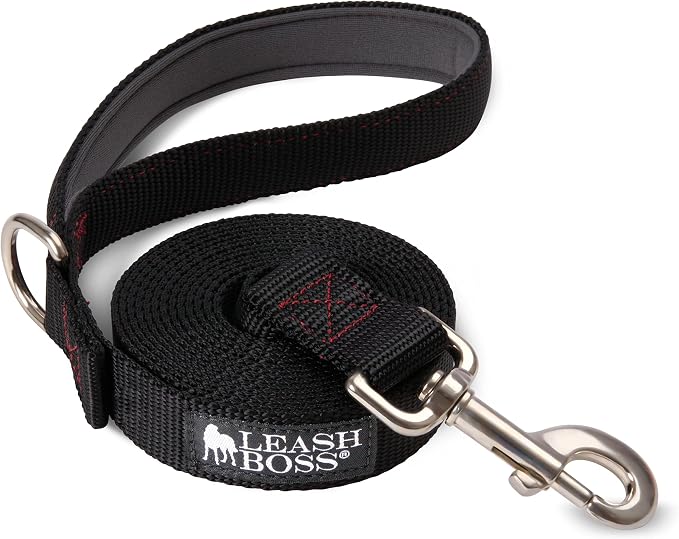 Leash Boss 10 Foot Dog Leash with Padded Handle - Long Leash for Hiking, Camping, Exploring, or Walking (10 Feet, Black/Red/Grey)