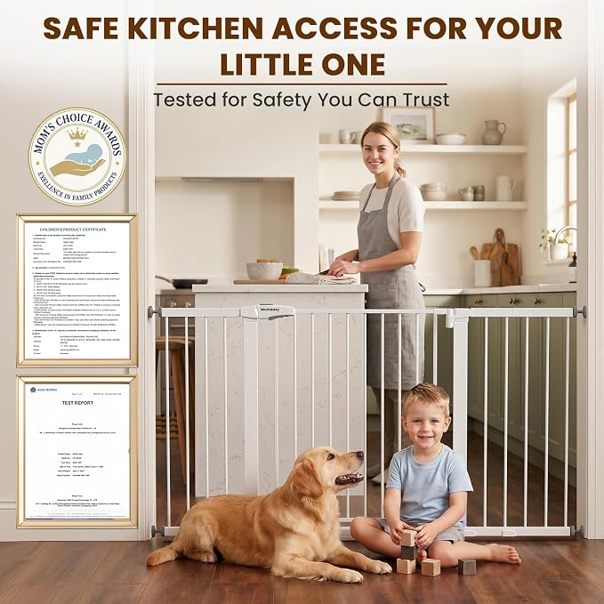 Mumeasy 36-63" Extra Wide Baby Gate for Stairs, 28.74" Walk Through Large Dog Gate for Doorways & Hallways, Auto Close Pet Gate Indoor, Pressure Mounted Child Wide Long Safety Gate for House, White
