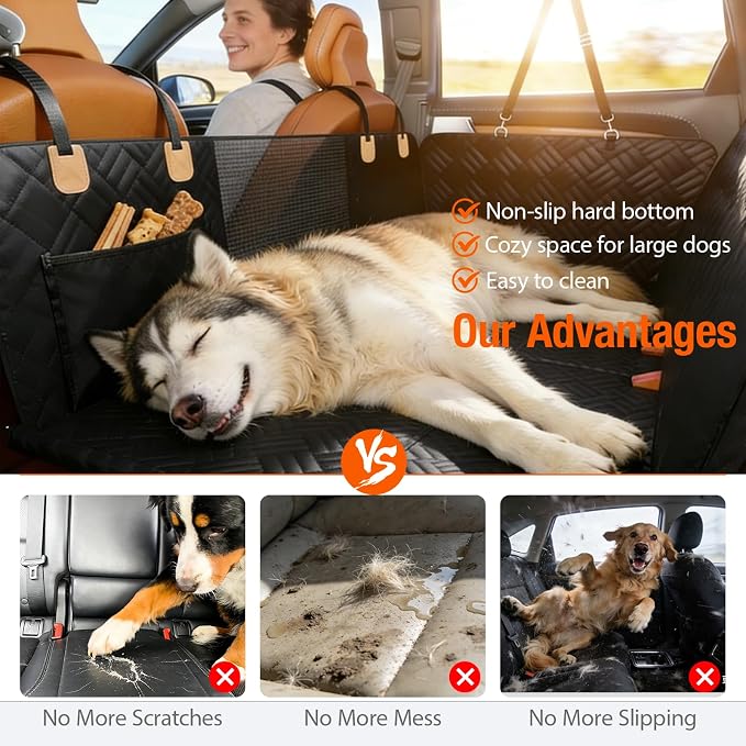 Dog Car Seat Cover, 600D Heavy Duty Waterproof Pet Back Seat Extender with Hard Bottom, Nonslip Scratch Proof Dog Hammock, Machine Washable Car Protector for Cars Trucks SUVs