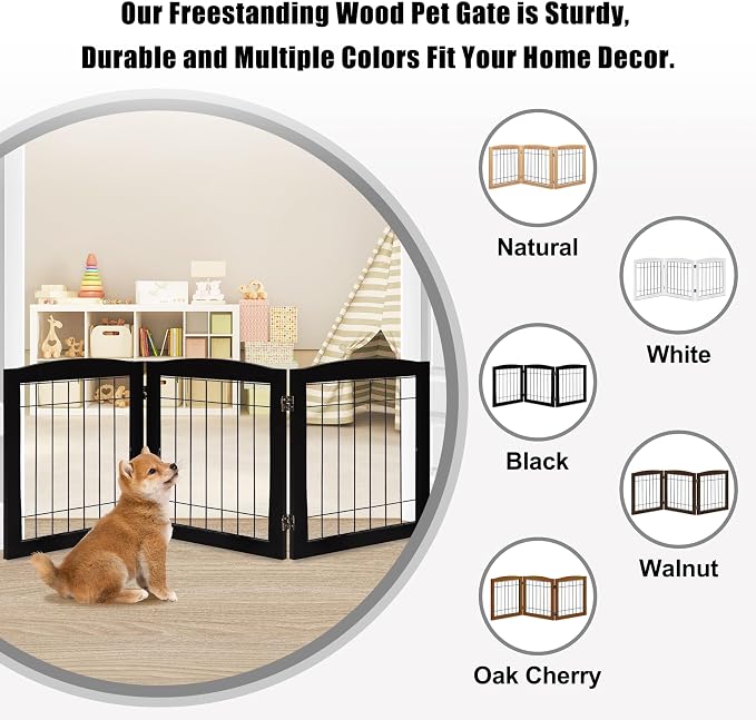 LZRS 3-Panel Freestanding Foldable Wooden Dog Gate –Solid Wood & Steel Wire Chew-Resistant Indoor Safety Pet Fence for Doorways & Stairs, Ideal for Small to Medium Dogs & Puppies, Black