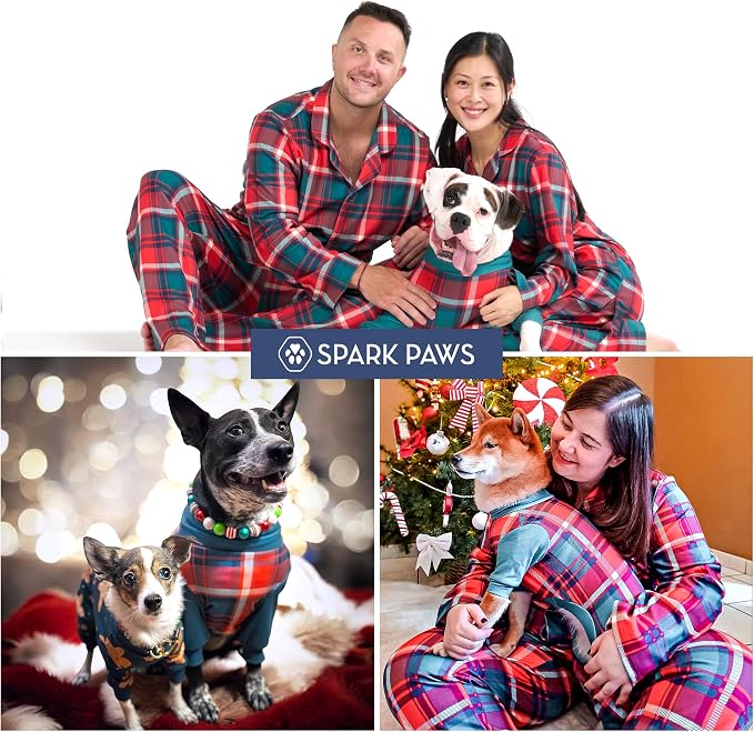 Spark Paws Dog Christmas Pajama, Dog Recovery Suit Male, Onesie, Ultra-Soft and 4-Way Stretch, for Small Medium and Large Breeds - Green and Red Plaid - 3XL