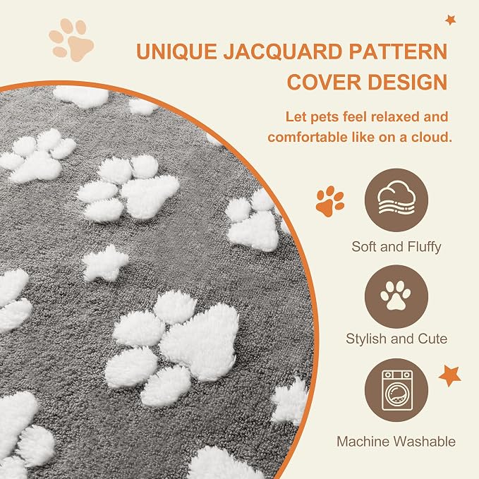 Cute Fluffy Dog Beds for Large Dogs, 35"x 22", Grey Paw | Thick Dog Bed for Crate Kennel, Pet Bed with Removable Washable Cover, Anti-Slip Bottom