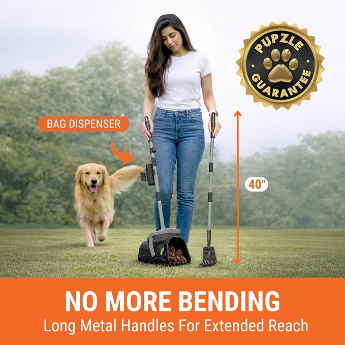 Pupzle Dog Pooper Scooper with Bag Attachment, 40" Long Handle Dog Scooper | Dog Poop Scoop for Yard, Large Capacity Swivel Bin and Rake Pooper Scooper, Lavender Scented Bags for Large Dogs (Grey)