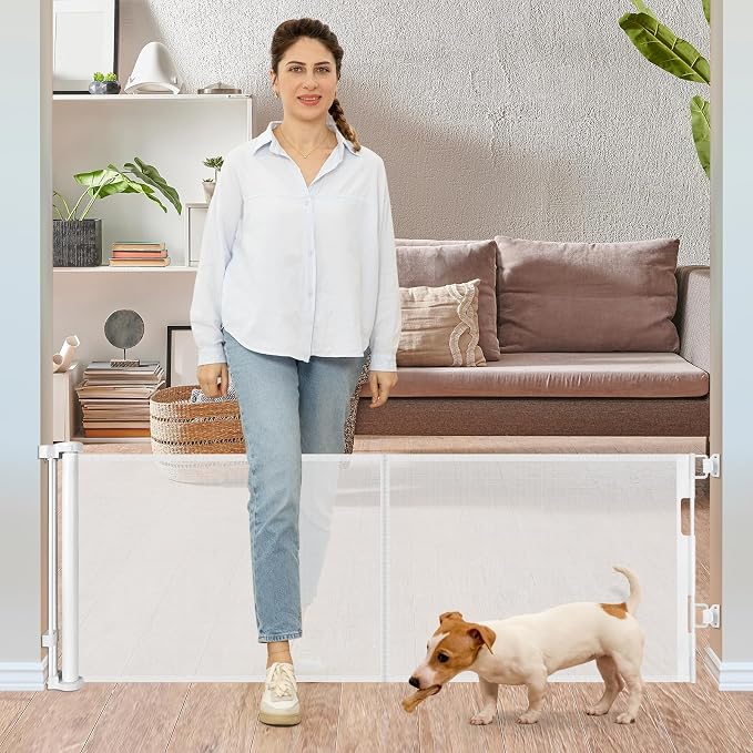 24 Inches Tall Retractable Dog Gate for The House, Short Baby Gates to Step Over, Extends up to 55" Wide, Reinforced Mesh Puppy Gate for Doorways, Step Over Pet Gate for Stairs, Indoor/Outdoor (White)