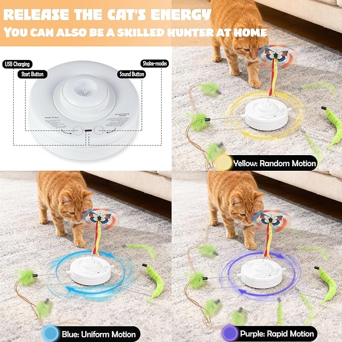 Interactive Cat Toys Rechargeable for 4 in 1 Hide and Seek Game, Moving Concealed Wand Feathers, Real Mouse Squeaky, Durable Exercise Toys for Indoor Cats for Bored Adult Cats Wand Toy