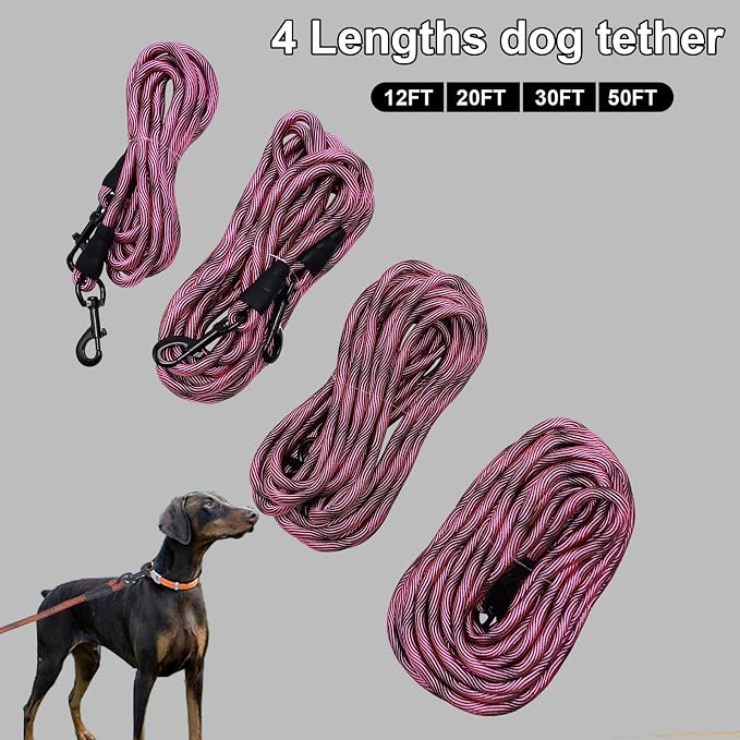 BTINESFUL 12/20/30/50/75ft Dog Tie Out Long Tether Rope Dog Lead for Yard | Large Medium Dogs Outdoor Training, Playing, Camping, Backyard Dog Leash (30 Foot, Pink Black)