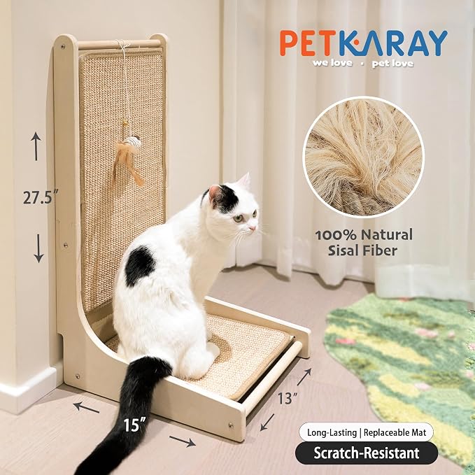 PETKARAY Cat Scratcher, Sisal Cat Scratch Pad, L Shape Scratching Board for Indoor Kitty, Floor Mounted Scratcher with Mouse Toy Catnip