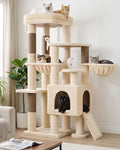 Globlazer S51 Sturdy Cat Tree for Indoor Large Cats, Beige | 51in Cat Tower with 4 Scratching Posts, Large Cat Tree with hammock for Cats Large Adult, Hanging Baskets, Top Perch