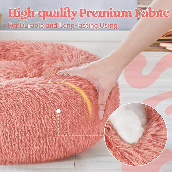 rabbitgoo Calming Cat Beds for Indoor Cats, 20 inches, Pink | Soft Warm Donut, Fluffy Faux Fur, Supportive Raised Rim, Anti-slip, Machine Washable, Up to 15lbs Kittens & Small Cats