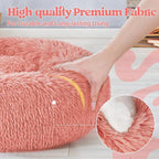 rabbitgoo Calming Cat Beds for Indoor Cats, 20 inches, Pink | Soft Warm Donut, Fluffy Faux Fur, Supportive Raised Rim, Anti-slip, Machine Washable, Up to 15lbs Kittens & Small Cats
