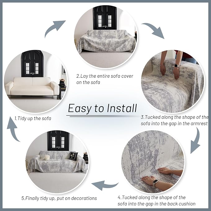 MYSKY HOME Boho Couch Cover for Dogs Washable Grey Abstract Couch Sofa Protector for Loveseat Sofa with Pets Friendly Chenille Geometric Sofa Covers Soft Durable Farmhouse Sofa Slipcovers, 71" X102"