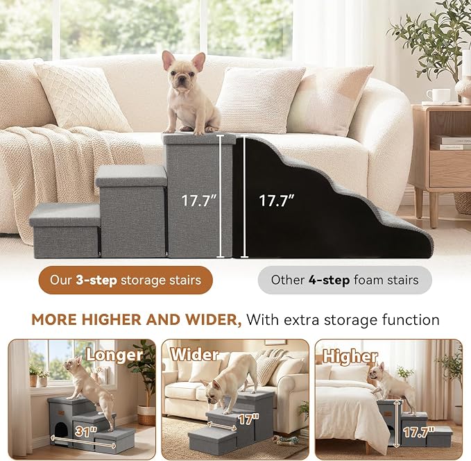 Zerbuger Dog Stairs with Storage, Grey 3 Steps Dog Ramp with Condo for Bed | 18" H Wider Dog Steps for High Beds Couch, Folding Storage Pet Stairs Gift for Climbing Small/Medium/Large Old Dogs Cats