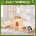 58 Inch Large Solid Wood Cat Tree, Tall Cat Tower for Indoor Cats, Cat Tree House with Double Tunnels, Sisal Scratching Posts, Washable Cushion, Hanging Balls, Natural