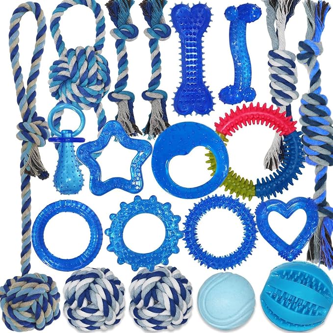 20 Pack Puppy Teething Chew Toys for Small Dogs, Bulk Dog Toys for Puppies | Mixed Blue Rubber Rings, Ropes & Balls, Puppy Teething & Dental Care, Relieves Puppy Boredom, Stops Destructive Chewing