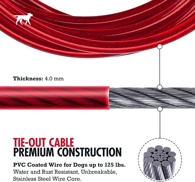 Tuff Pupper Dog Tie Out Cable, 60 ft Heavy Duty Lead for up to 125 lb Dogs | Extra-Strong Coated Steel Wire for Large Dogs; Water/Rust Resistant Yard Runner Line with 360-Degree No-Tangle Swivel Clips