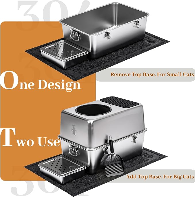 304 Stainless Steel Cat Litter Box, Fully Enclosed Leak-Proof & Rust-Proof Top-Entry XL Litter Box with Metal Scoop, Litter Mat, Side Clamps & Handles for Large Cats (Pure, X-Large)