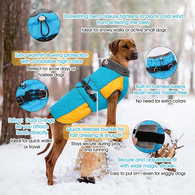 QBLEEV Warm Dog Jacket - Reflective, Adjustable Winter Coat with Turtleneck for Cold Weather, Waterproof Fleece Snowsuit for Small, Medium, Large Dogs