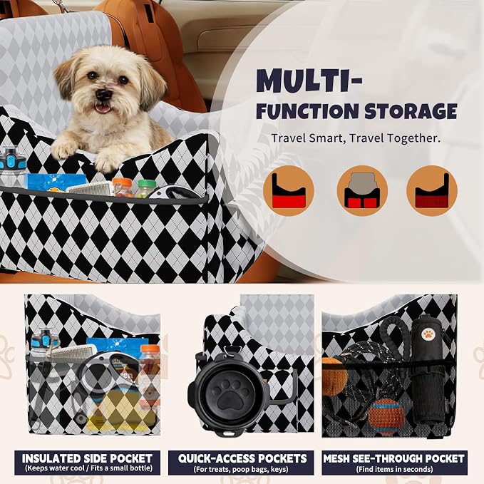 Dog Car Seat for Small/Medium Dogs up to 35lbs, 4-Pocket Storage Memory Foam Dog Booster Seat, Detachable Washable Pet Car Seat with Safety Belt, Outdoor & Indoor Use (Black/White)