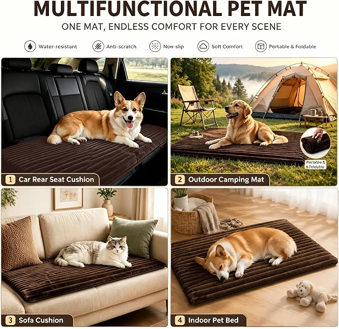 Dog Car Back Seat Bed Waterproof Non Slip Washable Pet Cover | Ultra-soft plush flannel pad soothes pet joint discomfort Vacuum compressed, heavy duty tear-resistant fabric(Brown)