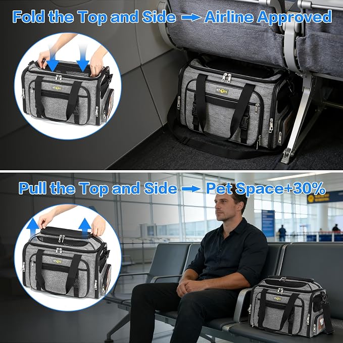 18x11x11 Small Cat/Dog/Pet Carrier – Airline Approved, Collapsible with Expandable Top and Sides. Soft-Sided Travel Puppy Carry Bag, Small Animal Rabbit Kennel Carrying Case, Kitten Mesh Cage