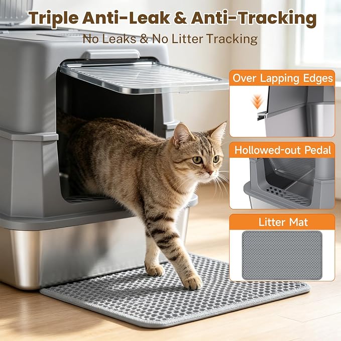 Enclosed Stainless Steel Litter Box, XL Covered MetalPan Includes Mat Scoop | Easy Cleaning Anti-Urine Leakage Non-Sticky Front Entry Top Exit
