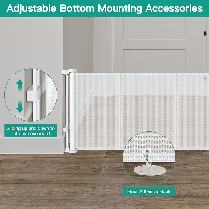 24 Inch Tall x 150 Inch Extra Wide Retractable Dog Gate for The House, Short Baby Gate to Step Over, Reinforced Mesh Puppy Gate for Doorways, Step Over Pet Gate for Stairs, Indoor/Outdoor, White