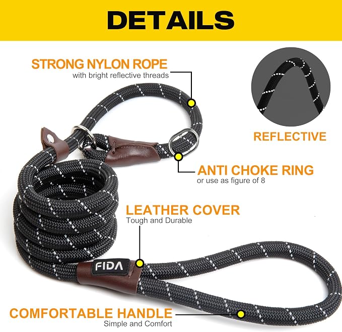 Fida Durable Slip Lead Dog Leash, 6 FT x 3/8" Heavy Duty Comfortable Strong Rope Slip Lead for Small Dogs and Puppies, No Pull Pet Training Lead with Highly Reflective(3/8", Black)