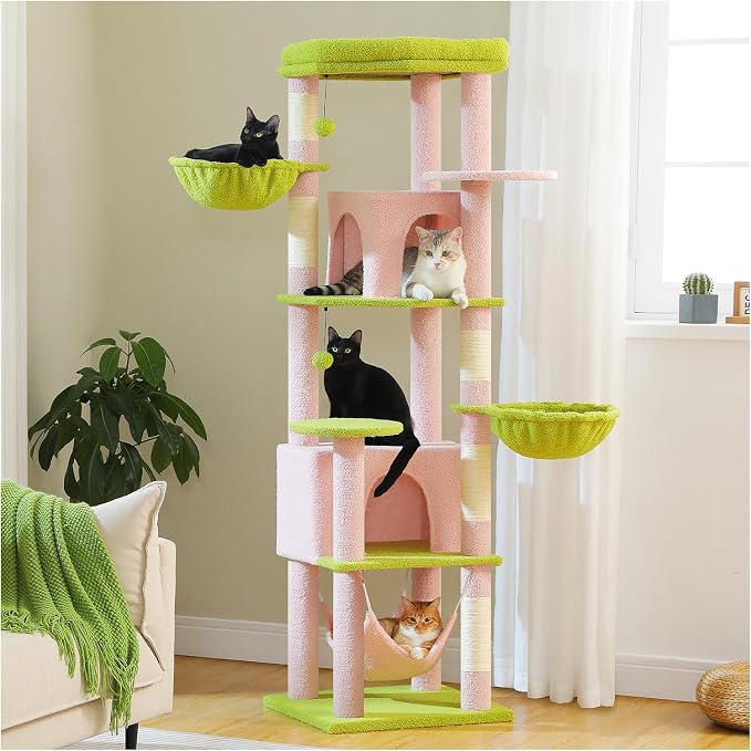 PAWZ Road Pink 70” Cat Tree with Hammock, Large Bed 2 Condos & 5 Posts | Tall Cat Tower with 2 Hammock 14”,2 Spacious Condos, 5 Scratching Posts, & a Large Top Perch for Indoor Adult Cats- Pink