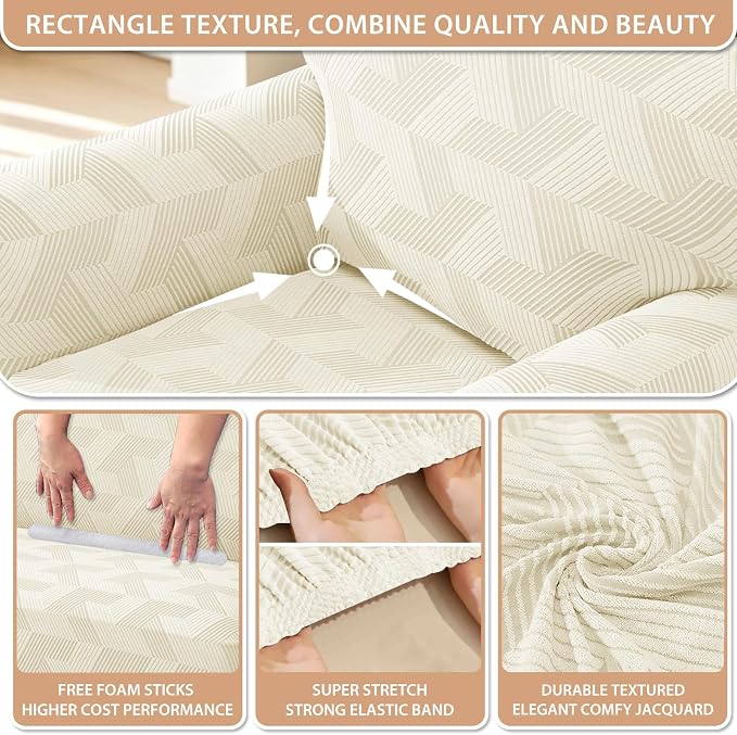 ZNSAYOTX Stretch Couch Covers for 2 Cushion Couch, 1-Piece Loveseat Covers Sofa Slipcover, Furniture Protector with Elastic Bottom for Dogs Geometrical Jacquard Fabric (Medium, Beige)