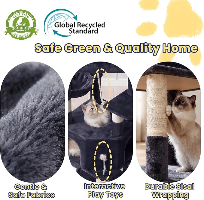Cat Tree, 81.1" Tall Heavy Duty Cat Tower for Large Cats VCT032G | Cat Furniture with 3 Wide Platforms, Diamond-Shaped Condo 2 Sisal Scratchers, Hammock & Stable Base, Smoky Gray