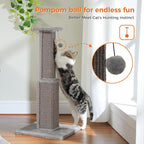PAWZ Road Cat Scratching Post 32” Tall Square Cat Scratcher | Heavy Duty Cat Post with 16x16”Large Base Covered Sturdy Woven Sisal Scratcher and Cat Toy Ball for Adult and Indoor Cats