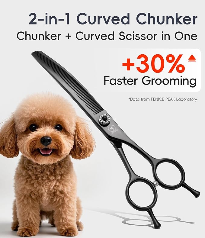 Professional Dog Grooming Scissors Pet Curved Thinning Shears 7.0'' Extremely Sharp Blades 440C Steel Thinning Scissors Durable Smooth Motion & Fine Cut for Dogs and Cats(Black)