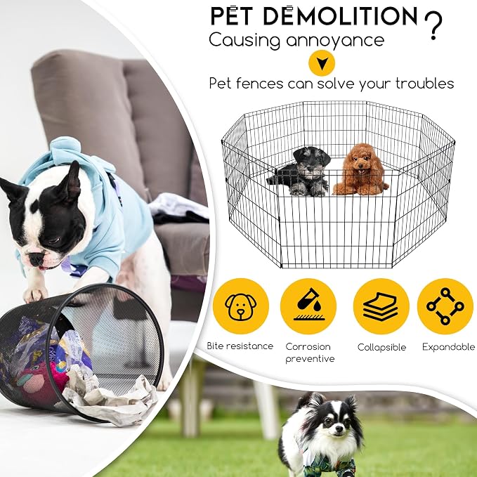 FDW 24 Inch Dog Pen 8 Panel Dog Playpen Indoor Outdoor Metal Puppy Pet Fence Portable Folding Animal Exercise Fence,Black