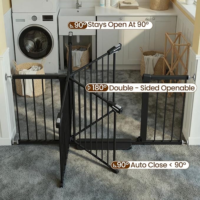 Mumeasy 29.7-57" Extra Wide Baby Gate for Doorways, Auto Close Dog Gate Indoor for Stairs, No-Drill Pressure Mounted Pet Gate with Door, Easy Walk Thru Long&Large Safety Gate for House, Outdoor, Black