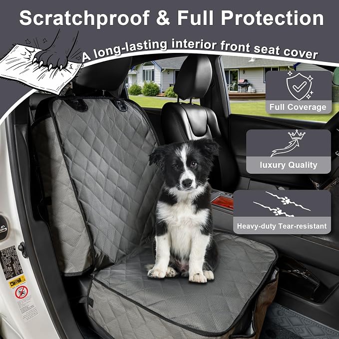 Dog Car Seat Cover Front Seat - Waterproof and Non-Slip, Heavy-Duty Pet Seat Protector with Side Flaps, Full Protection for Front Bucket Chairs on Cars SUVs Trucks (Grey, Standard Front)