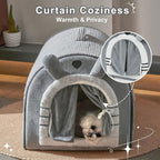 Jiupety Cute Small Dog Cave Bed with Door Curtain Design, Dog House with Reversible Washable Cushion, L Size Portable Puppy House for 14-22lb Cats and 12-17 lb Dogs, Non-Slip Bottom, Grey