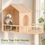 58 Inch Large Solid Wood Cat Tree, Tall Cat Tower for Indoor Cats, Cat Tree House with Double Tunnels, Sisal Scratching Posts, Washable Cushion, Hanging Balls, Natural